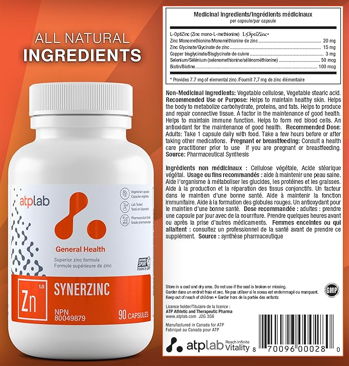 ATP LAB Synerzinc 90 caps - Vegan Zinc Supplement for Men and Women - Zinc Mineral Supplements - Healthy Skin - Zinc Vitamins for Adults