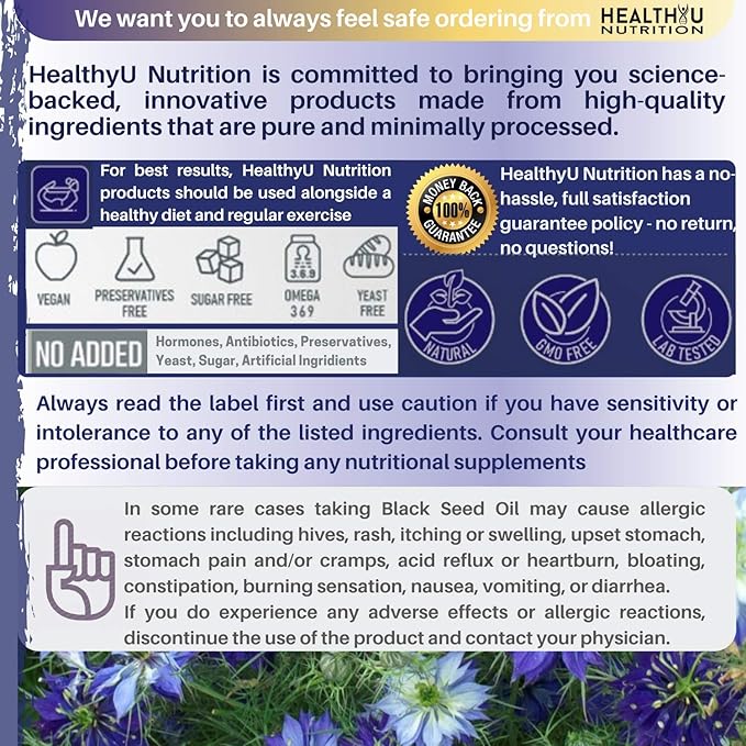 Premium Black Cumin Seed Oil Capsules - Virgin Cold Pressed Nigella Sativa Black Seed Oil Pills - Immune Support Supplement - Omega 3 6 9 Vitamin E Blackseed for Nails Hair Skin 1000 mg p/Serving