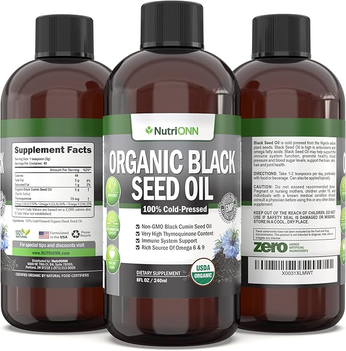 Organic Black Seed Oil - USDA Certified Organic Black Cumin Seed Oil Liquid – High Thymoquinone Content – Non-GMO and Cold-Pressed – Rich Source of Omega-6 & Omega-9 Fatty Acids - 8 Oz