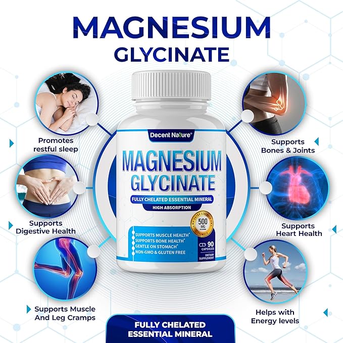 Magnesium Glycinate 500mg Magnesium Supplement - Chelated for High Absorption & Bioavailability Support Sleep, Muscle, Bones, Cramps, Recovery & Energy, Vegan Non-GMO 90 Capsules
