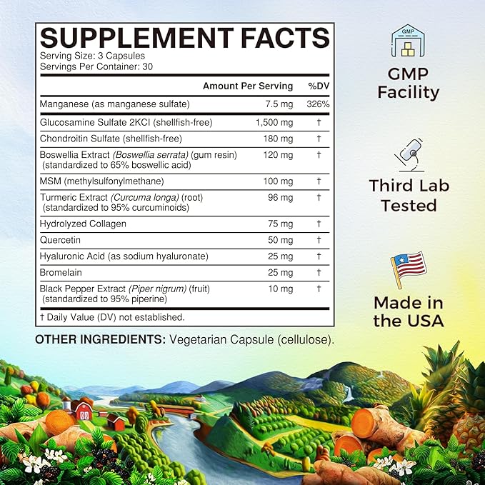 Vitalitown Glucosamine Chondroitin MSM, Turmeric, Collagen, Hyaluronic Acid, Boswellia, Quercetin, 11-in-1 Formula, Glucosamine Sulfate 1500 mg, No Shellfish, Flexibility & Comfort, 180 Caps