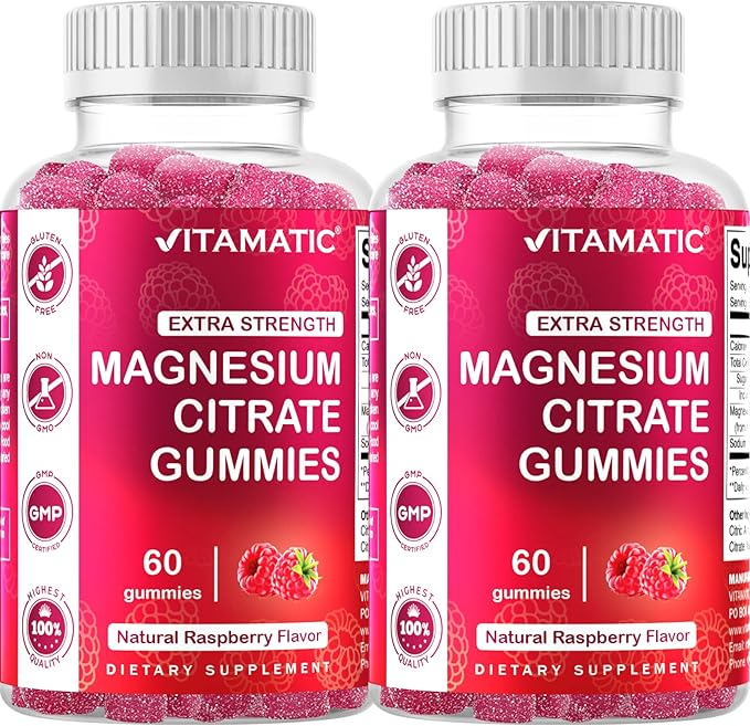 Vitamatic Extra Strength Magnesium Gummies – 255 mg Elemental Magnesium per Serving – 60 Gummies (2-Pack) Supports Relaxation, Muscle Function, Bone Health & Energy – Vegan, Non-GMO, Gluten-Free