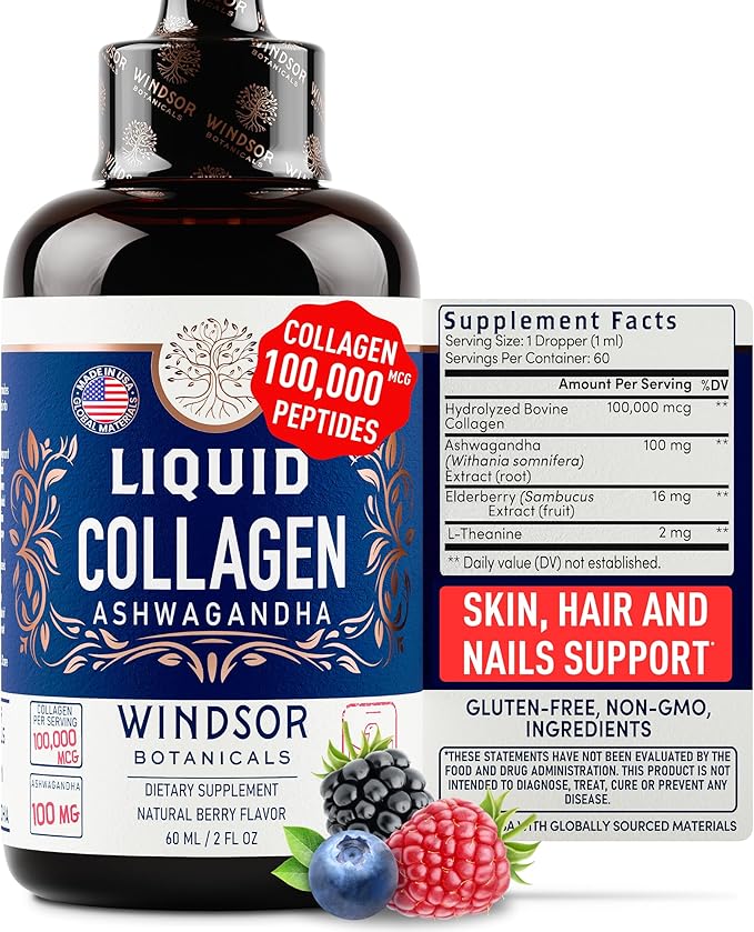 WINDSOR BOTANICALS Liquid Collagen Ashwagandha and Inositol Capsules - Hormonal Balance & Mood Support Bundle