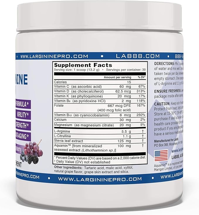 L-ARGININE PRO | 5,500mg L-Arginine Plus L-Citrulline 1,100mg Grape Powder Drink Mix Supplement for Increased Nitric Oxide Production