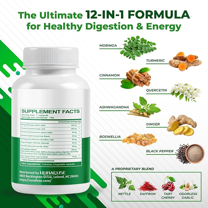 Moringa 12-in-1 Supplement with Turmeric Cinnamon Quercetin Ashwagandha Ginger Boswellia Nettle Saffron Tart Cherry Garlic - Made in The USA