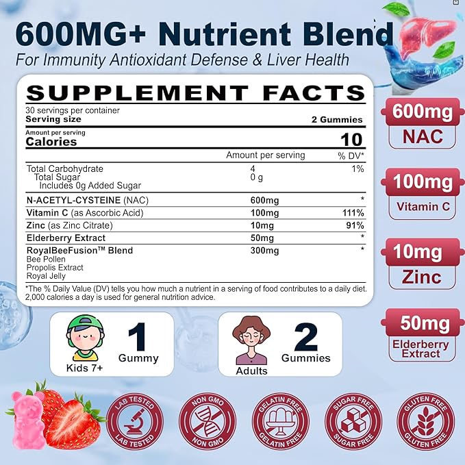 NAC Gummies for Adults & Kids 7+, 600mg N-Acetyl Cysteine Supplement w/Vitamin C, Zinc, Elderberry for Respiratory, Liver, Immune & Antioxidant Support, Sugar-Free Alternative to NAC Capsules, 120 Ct