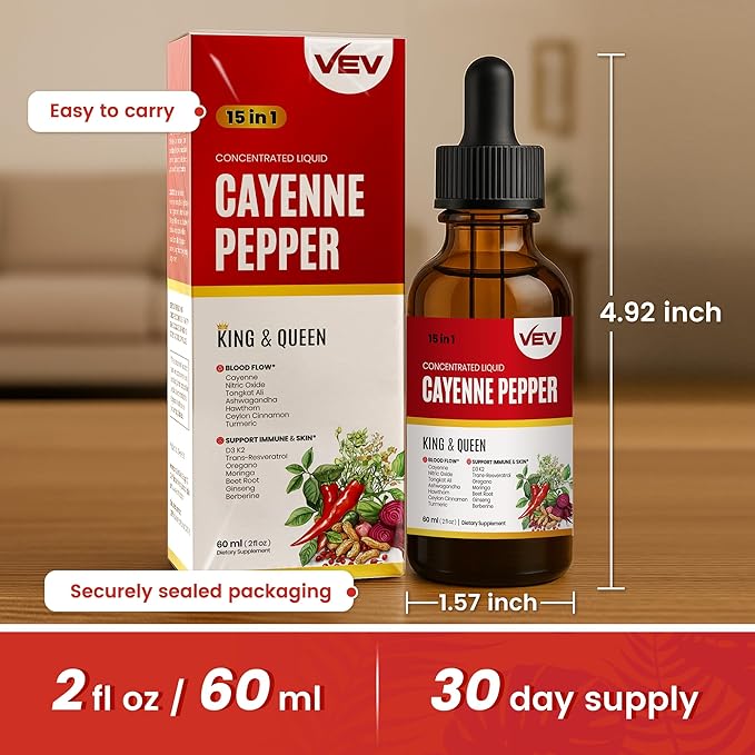 VEV 15-in-1 Cayenne Pepper Drops Supplement Liquid, with Vitamin D3 K2, L-Arginine, Resveratrol, Oregano, Moringa, Berberine, Hawthorn, Beet, Turmeric - Vegan, Non-GMO 2 fl oz