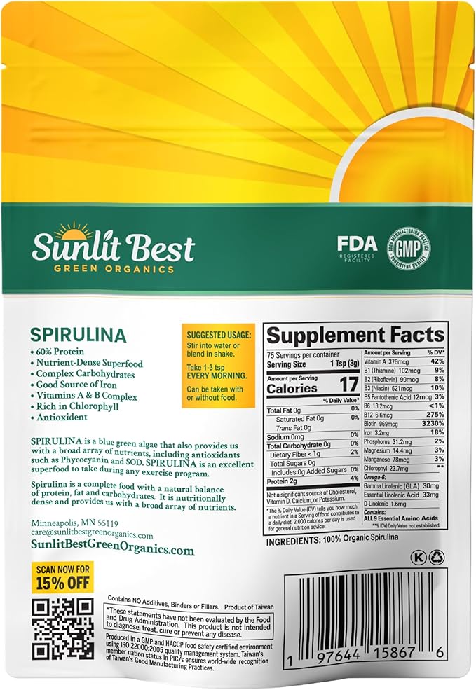 Sunlit Best Spirulina Powder Organic USDA - Chlorophyll, Fast Absorption, Blue-Green Spirulina Algae, Raw Vegan Protein - Non-GMO, Gluten Free Superfood Energy, Gut, Immune Support Supplement - 8 Oz