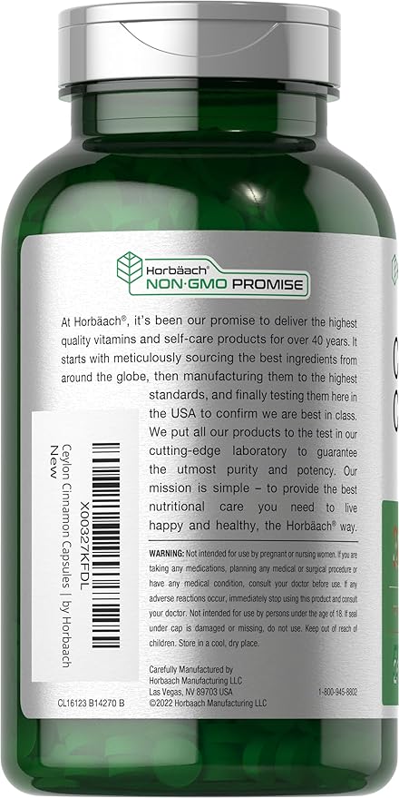 Horbaach Ceylon Cinnamon Capsules 4000mg | 250 Count | Non-GMO, Gluten Free