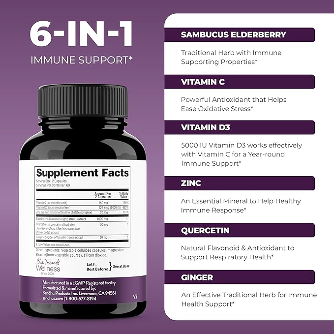 Elderberry Vitamin C and Zinc 120 Capsules (Pack of 2) | with Quercetin and Vitamin D3 | Immune Support for Adults | Herbal Supplement for Men and Women