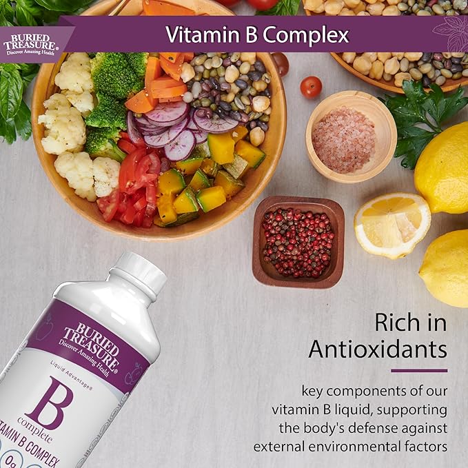 Buried Treasure B Complete High Potency All B Vitamins Liquid Supplement for Stress, Energy and Healthy Immune Support Vegan Non-GMO, 16 oz w/ Dose Cup