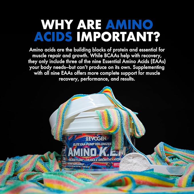 Evogen Amino K.E.M. - EAA & BCAA Powder Pump Volumizer | BCAAs Amino Acids Supplement for Blood Flow, Muscle Growth, & Hydration | Sour Candy | 30 Servings
