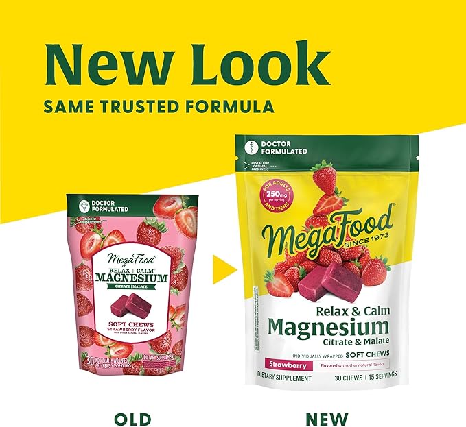 MegaFood Relax + Calm Magnesium Supplement - Soft Chews with Magnesium Citrate & Malate for Heart Health, Muscle Tension & More - Vegetarian - Strawberry-Flavor - 30 Chews per Pack (2 Pack)