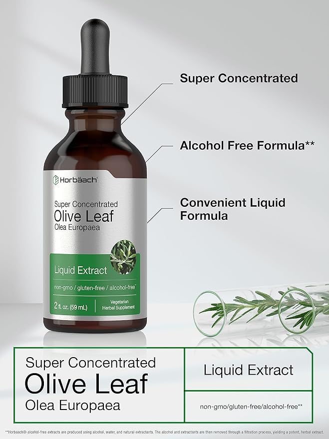 Horbäach Olive Leaf Extract Liquid | 2 fl oz | Super Strength | Alcohol Free, Vegetarian, Non-GMO, Gluten Free