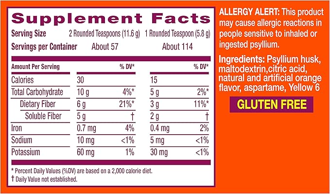 Metamucil, Daily Psyllium Husk Powder Supplement, Sugar-Free Powder, 4-in-1 Fiber for Digestive Health, Orange Flavored Drink, 114 teaspoons, 1.4 Pound (Pack of 2)