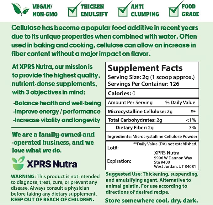 XPRS Nutra Microcrystalline Cellulose Powder - Odorless Cellulose Fiber Powder - 100% Pure Powdered Cellulose Supplement is an Insoluble Fiber for Pill Binder Mix and Cellulose Paste (9 Ounces)
