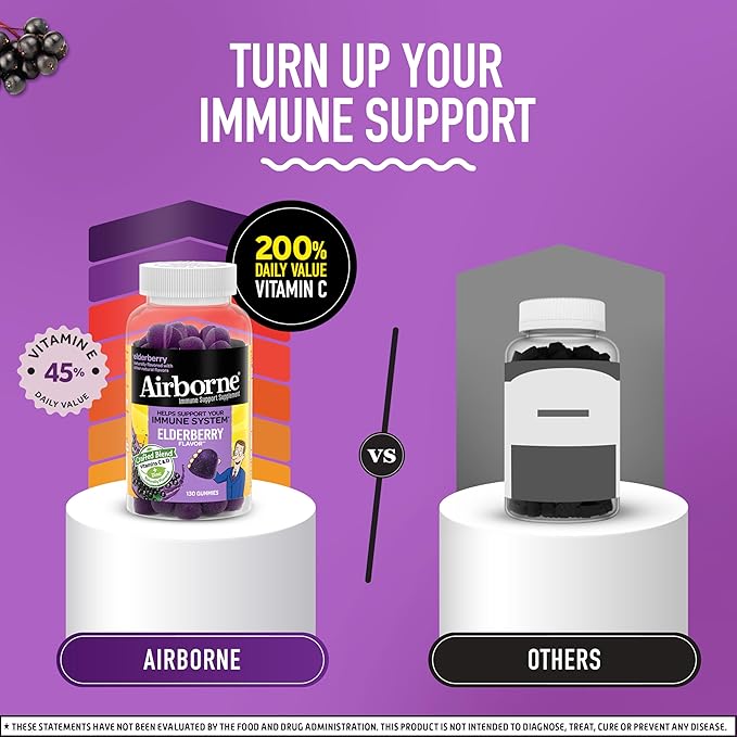 Airborne Elderberry + Zinc & Vitamin C Gummies for Adults, Immune Support Vitamin D & Zinc Gummies with Powerful Antioxidant Vitamins C D & E - 130 Gummies, Elderberry Flavor
