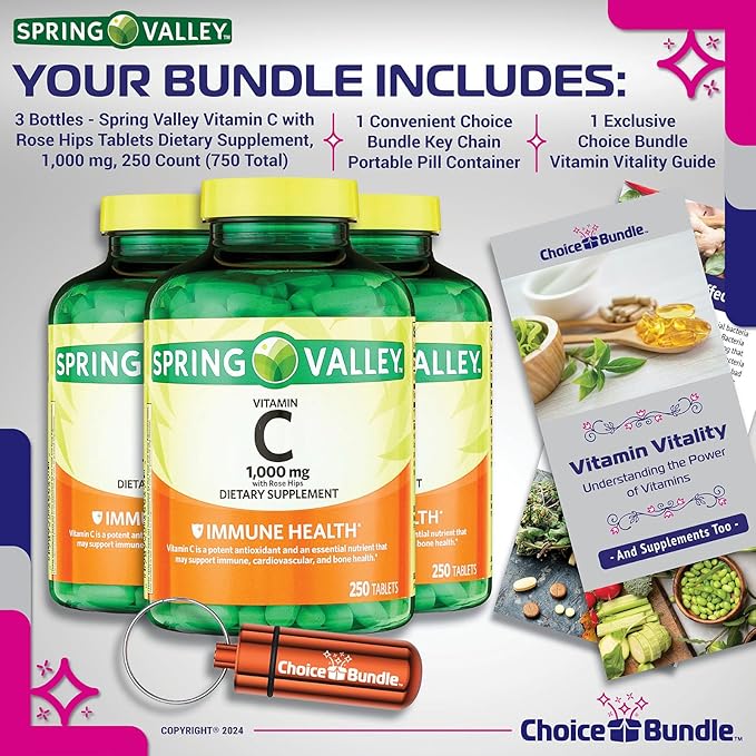 Spring Valley Vitamin C with Rose HIPS Tablets Dietary Supplement 1,000 mg 250 ct 3 pk (750 Total) + Vitamin Guide & Pill Container (5 Items)!