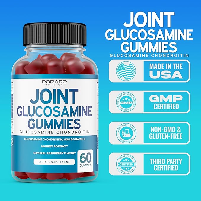Glucosamine Chondroitin Gummies Joint Supplement - Glucosamine Gummies For Adults Nutritional Supplements - Joint Supplements for Men & Women - Delicious Raspberry Flavor - (60 Count)