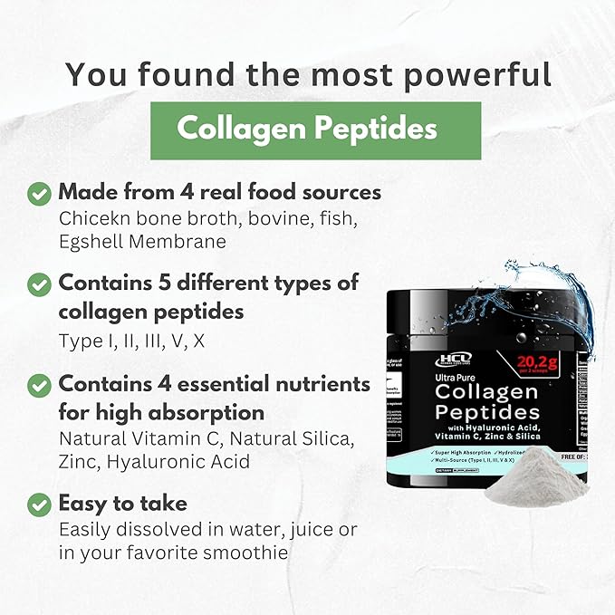 Collagen Peptides Powder with Vitamin C & Hyaluronic Acid - from Organic Cleanest Sources & Super High Absorption - Hydrolyzed Multi Type I, II, III, V, X - Skin Hair Supplement Made in USA