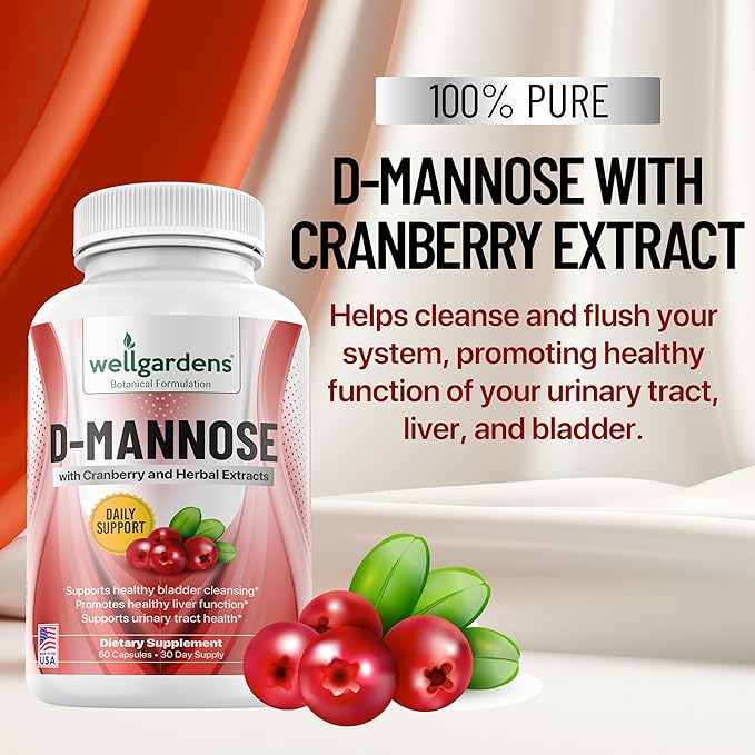 100% Pure D-Mannose with Cranberry Extract - Helps Cleanse Impurities, Natural Urinary Tract Health, Liver and Bladder Support Capsules, Non-GMO