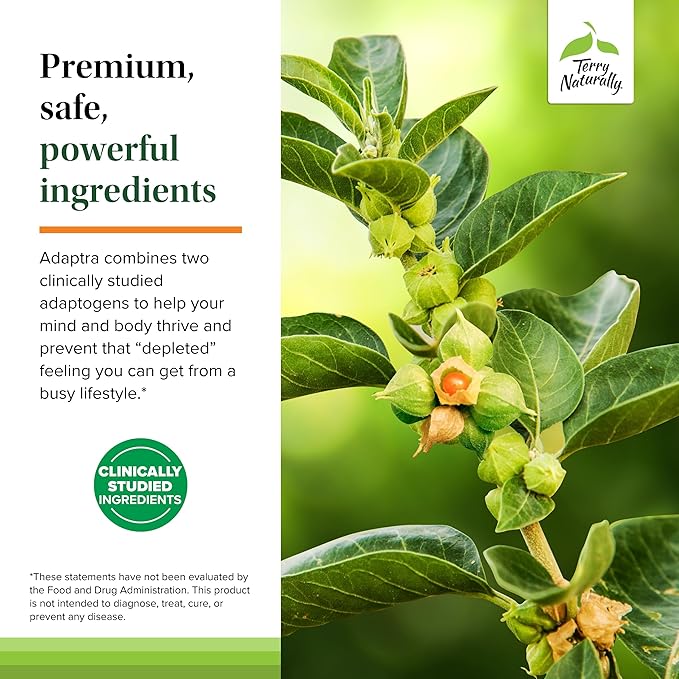 Terry Naturally Adaptra - Supplement to Support Adrenal Health - Ashwagandha Supplement with Rhodiola Rosea Extract - Herbal Supplement to Support Energy & Concentration - 60 Capsules