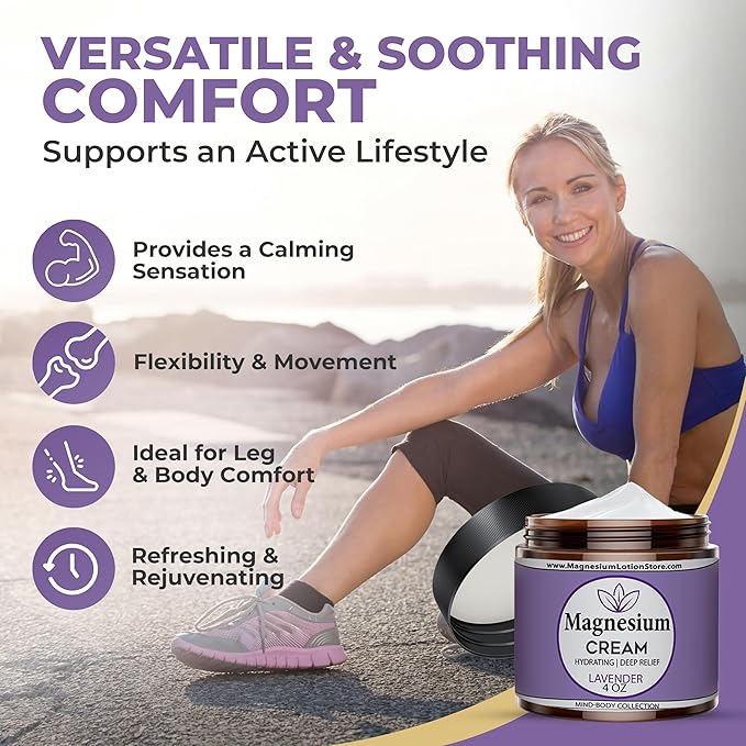 Magnesium Cream for Sleep, Kids, Muscle Soreness & Cramps Relief with Shea Butter, Coconut Oil, Aloe, Vitamin E - Topical Magnesium Cream for Calm & Relaxation - Lavender - 4fl oz - USA Made