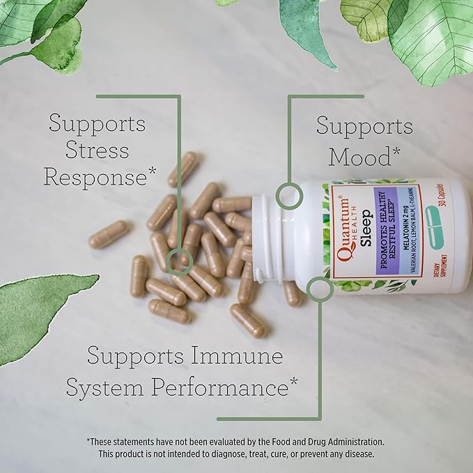 Quantum Health Sleep Melatonin 2mg Healthy Restful Sleep Support Blend with Relaxing Valerian Root, Lemon Balm & L Theanine Daily Mind & Body Well Being for Women & Men - 30 Capsules