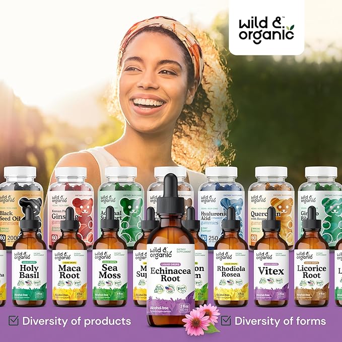 Wild & Organic Echinacea Tincture - Immune Support Drops with Liquid Echinacea Root Extract - Angustifolia Supplements - Vegan, Sugar & Alcohol-Free - 2 fl oz