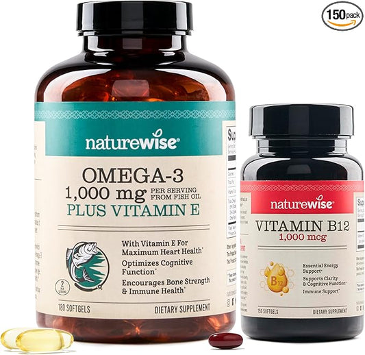 NatureWise High-Potency 1000mg Omega 3 600mg EPA 400mg DHA Vitamin E 180ct & 1000mcg Vitamin B12 150 Softgels Supplement Bundle