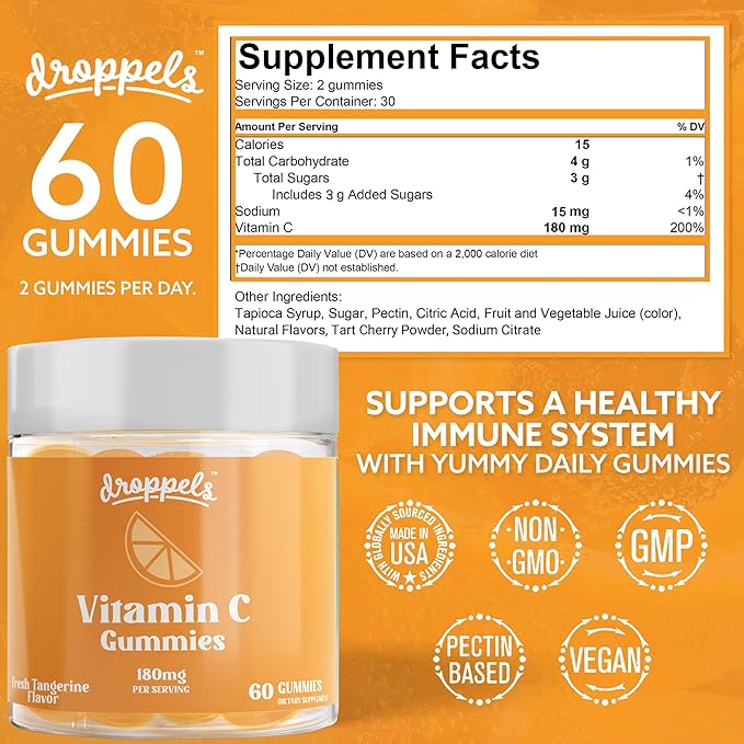 Droppels Vitamin C Gummies, 180mg – Vegan, Pectin Plant-Based Immune Support Booster Supplement – Tangerine Flavor, 60 Count (1-Month Supply)