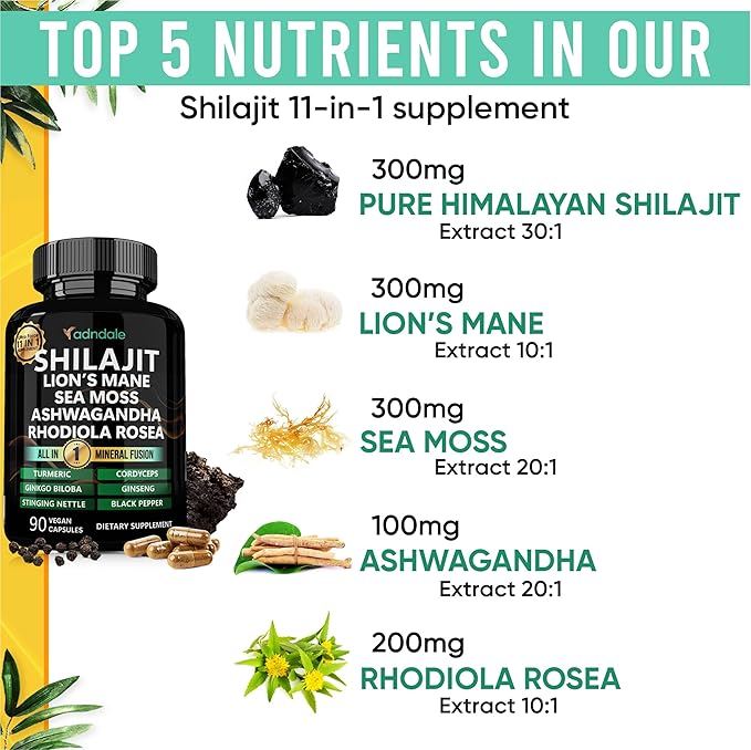 Shilajit Ultra Force 11-in-1. Pure Himalayan Organic Shilajit Capsules with Sea Moss Ashwagandha Rhodiola Rosea Panax Ginseng Turmeric Lion’s Mane Ginkgo Cordyceps Stinging Nettle