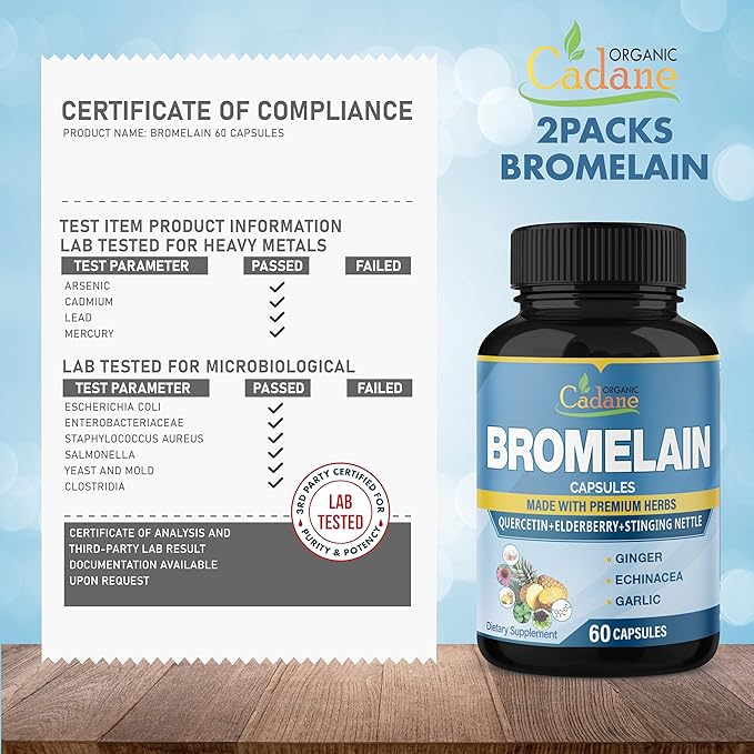Organic Cadane 2 Packs 60caps of Bromelain Supplement Capsules, with Quercetin, Elderberry, Ginger, Echinacea, Garlic, Black Pepper, 2 Months Supply