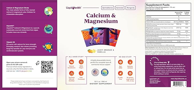 LIQUIDHEALTH Calcium & Magnesium Adult Liquid Vitamin Supplement - Bone, Joint, Muscle, Connective Tissue Support, Heart Health, Essential Nutrients - Made in USA, Vegan, Non GMO, No Sugar (3 Pack)