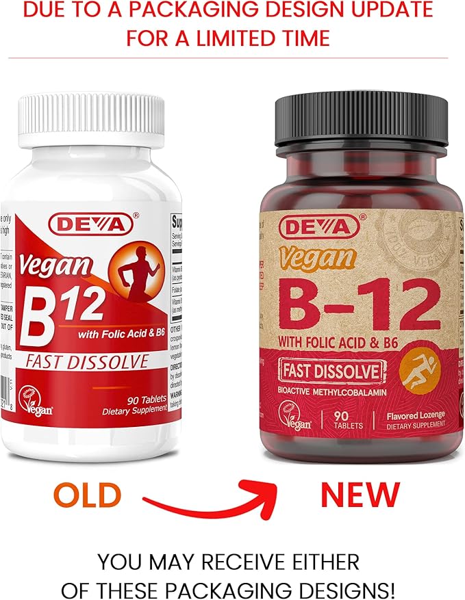 DEVA Vegan Vitamin B12 Fast Dissolve Supplement - Once-Per-Day Complex with 1000 Mcg Methylcobalamin B12, Folic Acid, B6 - Lemon Flavor - 90 Dissolvable Tablets,