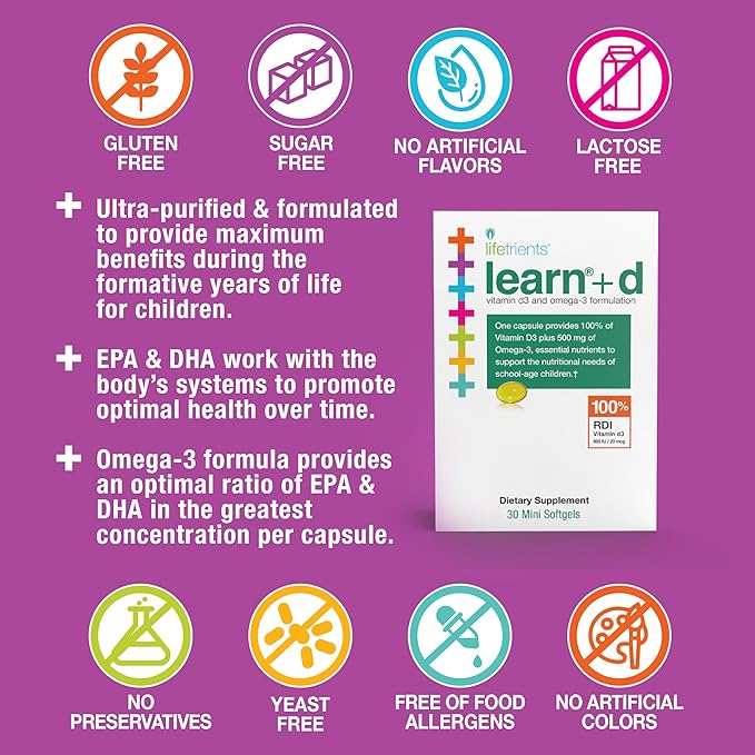 Learn+D - Vitamin D3, Omega 3 Formulation - 30 Mini Softgels