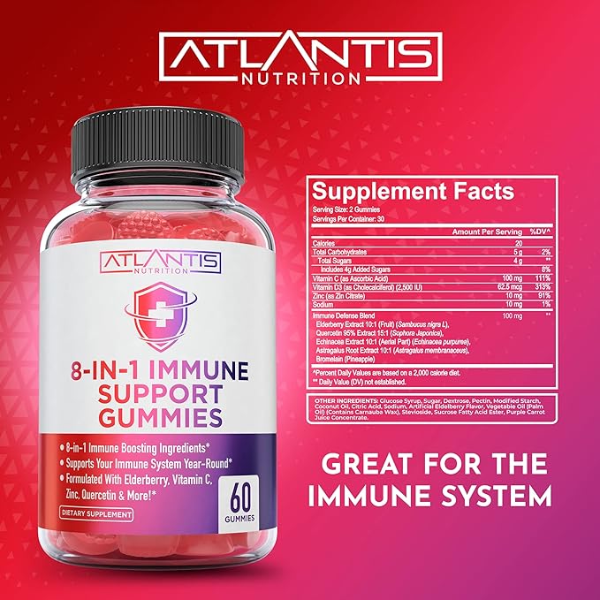 Atlantis Nutrition 8-in-1 Immune Support Gummies with Elderberry | Immune Supplement with Elderberry, Quercetin, Zinc, Vitamin C - Immunity Boosters for Adults & Kids - Delicious Flavor - 60 Count