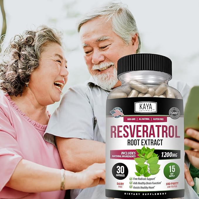 Kaya Naturals - Resveratrol Capsules - Anti Aging Supplement - Antioxidants with Brain Support - Maximum Benefits - 30 Veggies Capsules