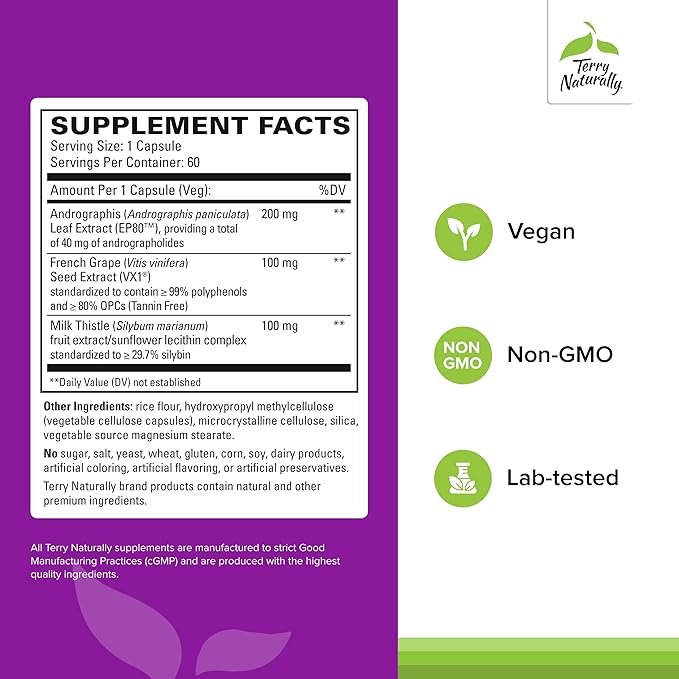 Terry Naturally Healthy Liver - Liver Function & Health Support Supplement - Cellular Health Support with Andrographis EP80 & French Grape Seed Extract - Gluten-Free Dietary Supplement - 60 Capsules