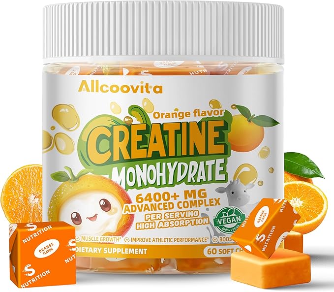 Creatine Monohydrate Chews Complex 6400mg for Men & Women -Advanced Formula W/L-Taurine + Vitamin B12, Sugar Free Chewable Supplement,60 Orange Softchews