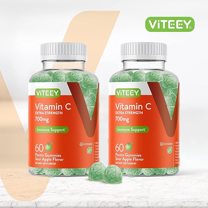 Vitamin C Gummies for Adults & Teens, 700mg Extra Strength - Immune Support Gummies - Immune Booster - Vegan, Gelatin Free -Tasty Vitamin C Chewable Sour Apple Flavored Gummy-60 Count (Pack of 2)
