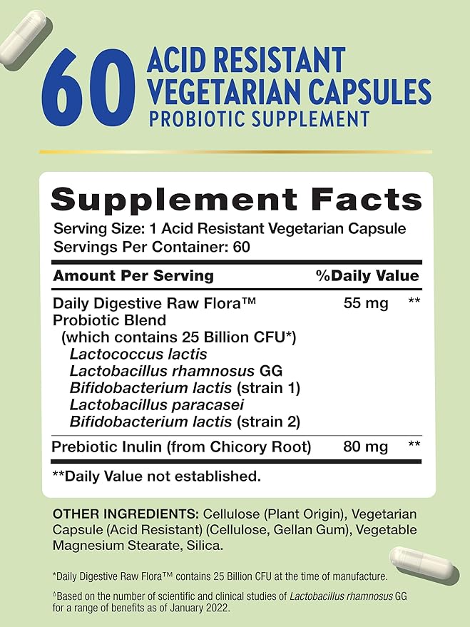 Raw Flora Probiotic with Prebiotics | 25 Billion CFU | Daily Digestive Capsules | Vegetarian & Gluten Free Supplement for Men and Women | by Nature's Truth