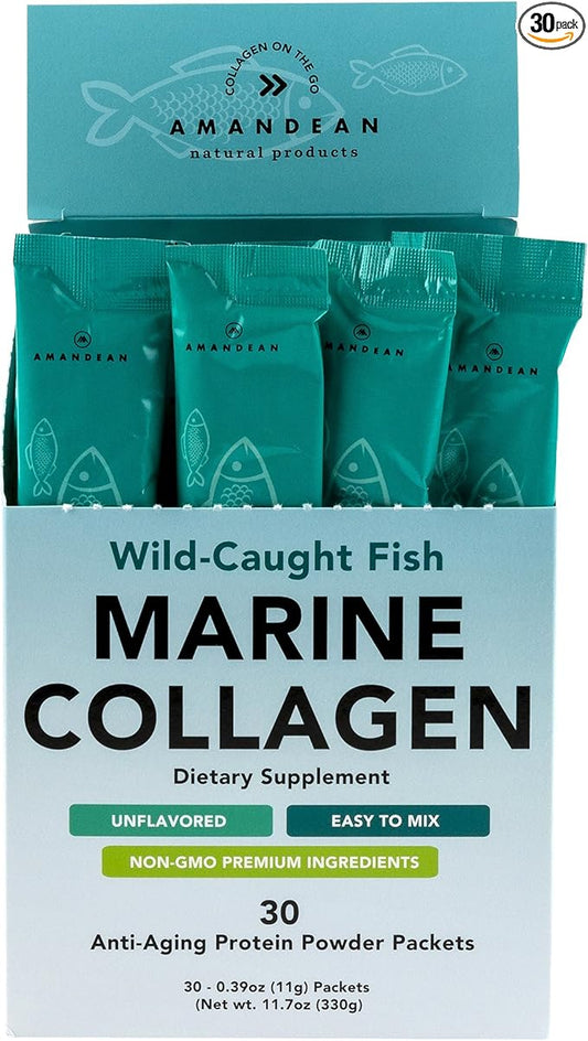 AMANDEAN Marine Collagen Peptides Powder Stick Packs. Wild-Caught Fish. 30 Single Use Individual Packets. Hair, Skin & Nails. Non-GMO, Zero Carbs, Unflavored, High Bioavailability.