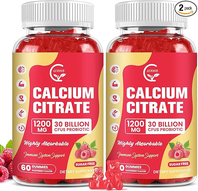Sugar Free Calcium Citrate Gummies 1200 mg with vitamin d3, K2, Magnesium, Zinc for Bone, Muscle & Immune Support, High Absorption Calcium Supplement for Women & Men, Raspberry Flavor, 60 Chews