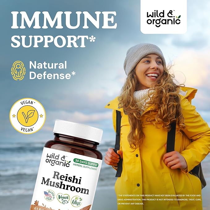 Wild & Organic Reishi Mushroom Capsules 1000 mg - Immune & Energy Support - Red Reishi Mushroom Extract - Ganoderma Lucidum Supplement - 60 Vegan Capsules - 30 Days Supply, Non-GMO, Gluten-Free