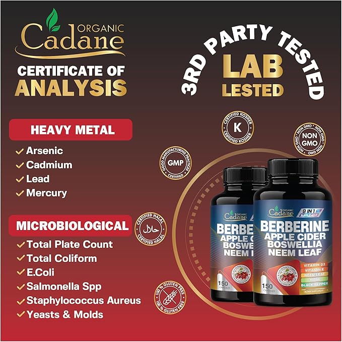 Organic Cadane Berberine Supplement 150 Capsules, with Neem Leaf, Apple Cider Vinegar, VIT D3, E & More - Berberine Extract 35:1- Support for Immune System, Digestion & Overall Health