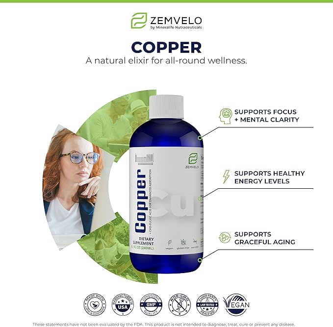 Liquid Ionic Chelated Copper | Natural Elixir for Healthy Connective Tissue | Healthy Hair, Skin, Nails & Collagen | Healthy Iron Levels | Mood Balance | 3 Month Supply