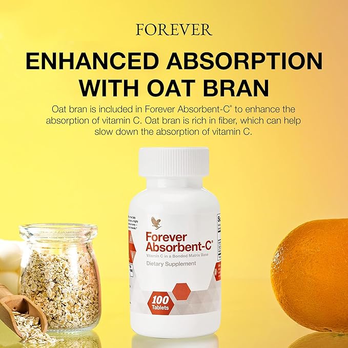 Forever Living - Absorbent-C - Orange and Honey Flavor with Oat Bran - Vitamin C Supplement for Immune Support and Skin Health - 100 Chewable Tablets