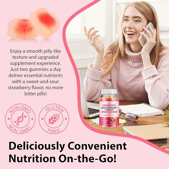Womens Multivitamin Gummy with Vitamins A, C, D, E, K, B6, B12, Multivitamins for Women, Support Energy Beauty Immune, Hair & Nails, Skin Care, Strawberry Flavor, Sugar Free (120 Gummies)