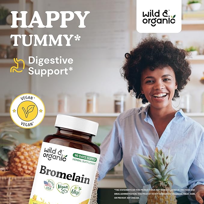Wild & Organic Bromelain 500 mg Capsules - Digestive Support - Natural Bromelain Supplement - Pineapple Enzyme Source - Vegan, No Fillers, Non-GMO - 90 Count